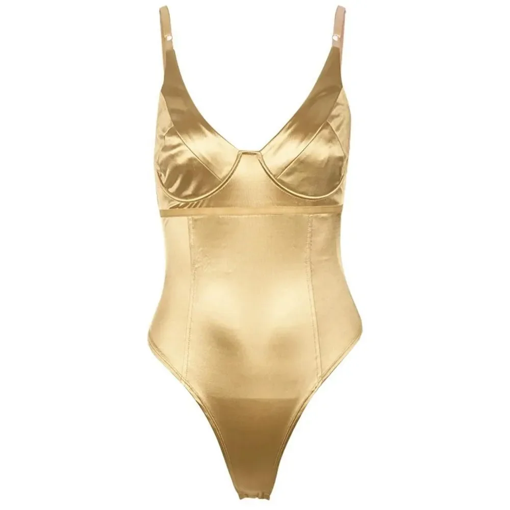 Women’s Sleeveless Bodysuit Gold Satin Night Out Leotard with Underwire. - Picture 8 of 8